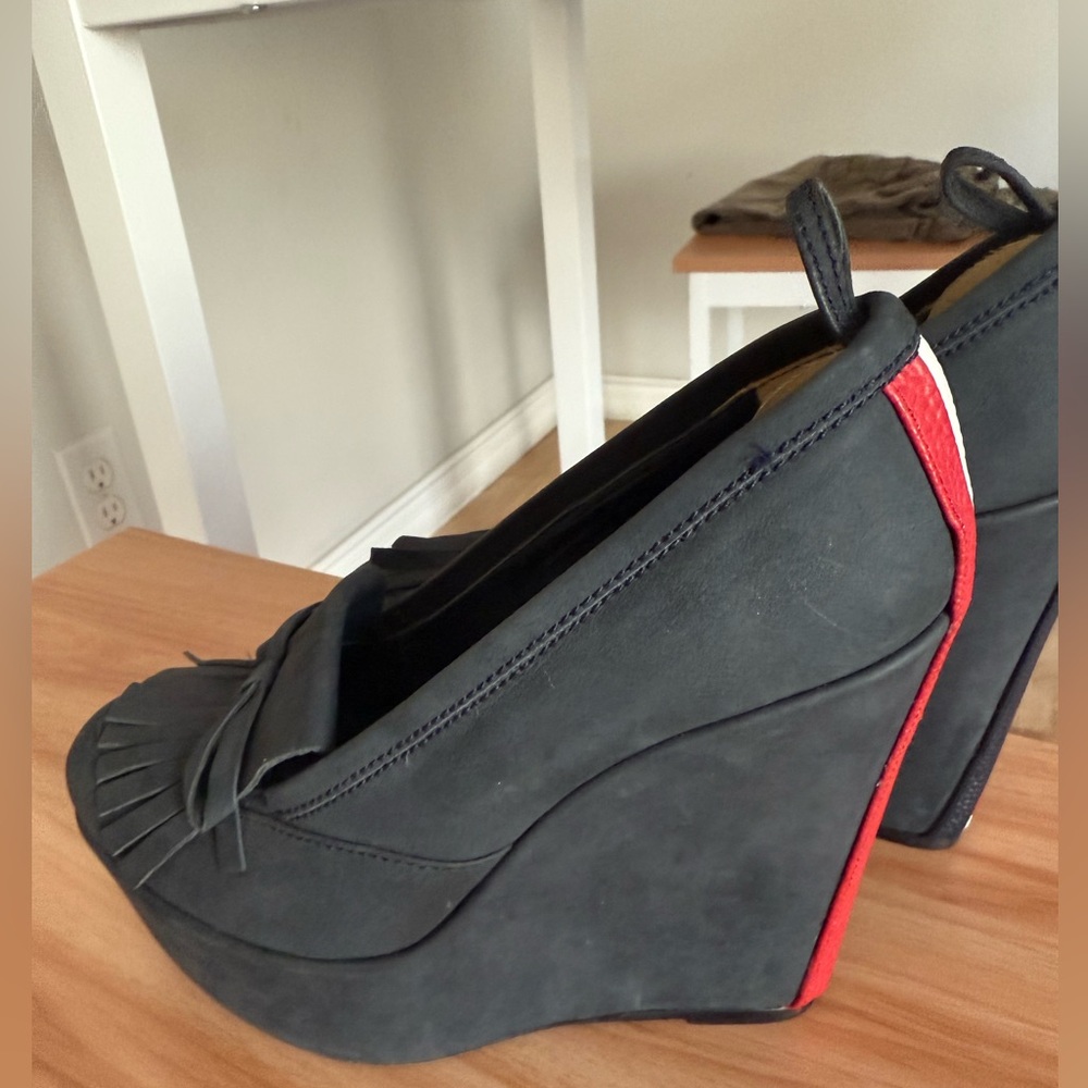 Black Fleece Thom Browne x Brooks Brothers Mod Blue Suede Leather Wedge Loafers - Picture 8 of 14